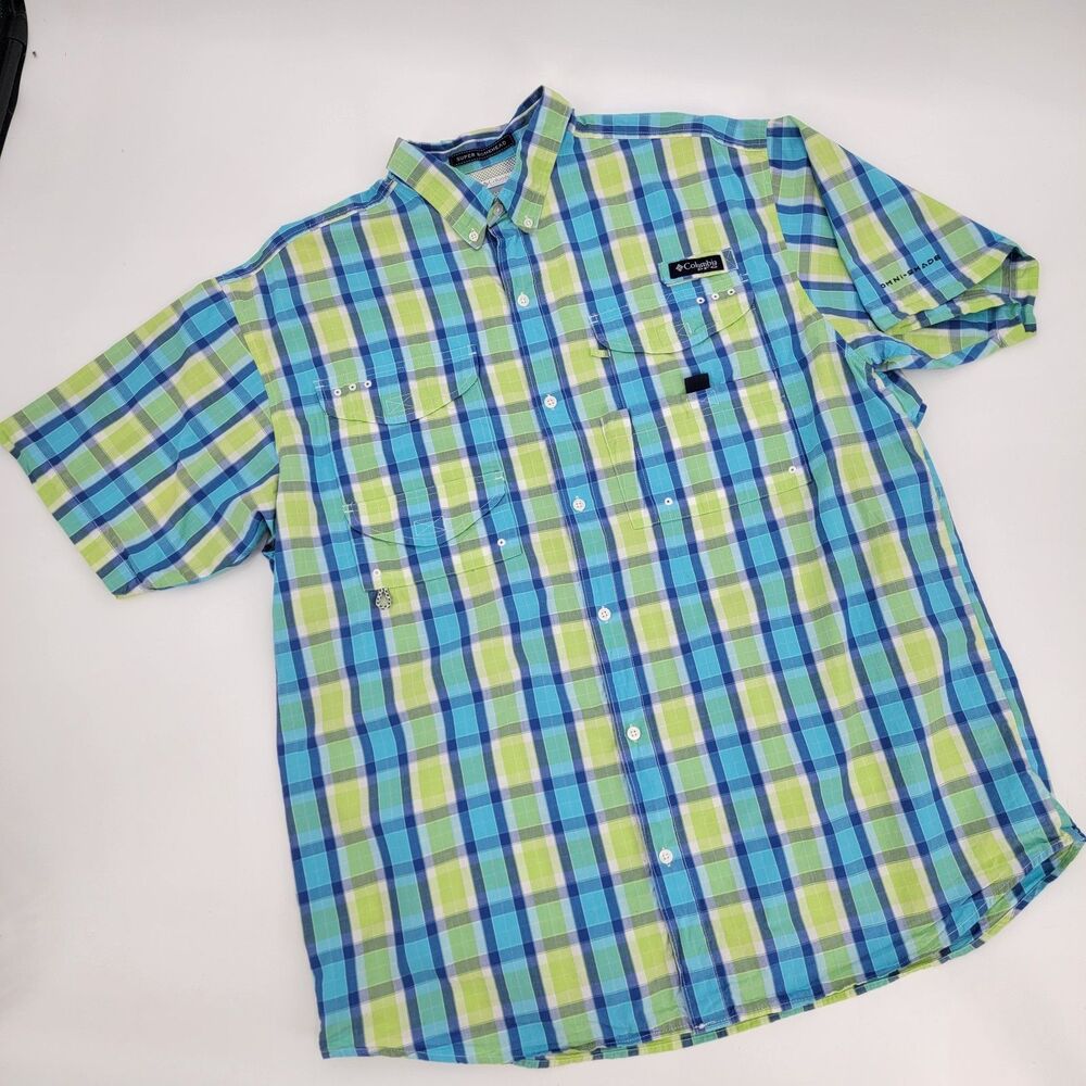Columbia Performance Fishing Gear Mens L Blue/Green Plaid Omni-Shade SS Shirt